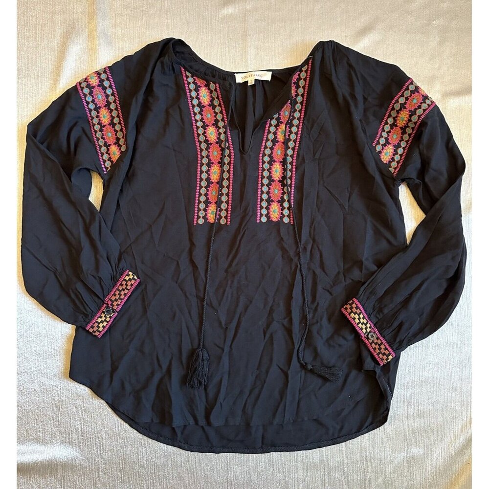 Solitaire Folklore Embroidered Peasant Blouse Small Black Tunic Top Boho Trendy‎